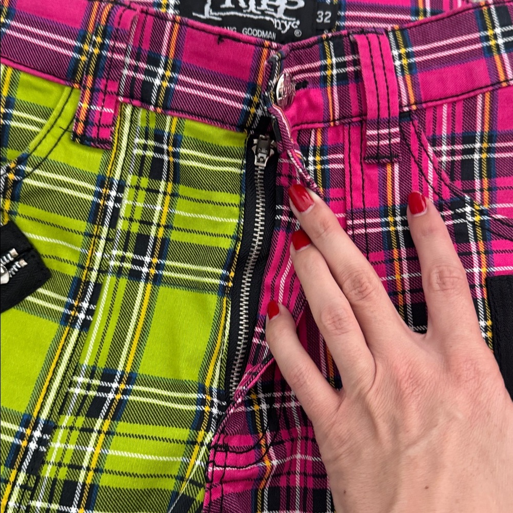 Tripp NYC pink green plaid split pants bondage suspended unisex straight leg - Picture 4 of 8